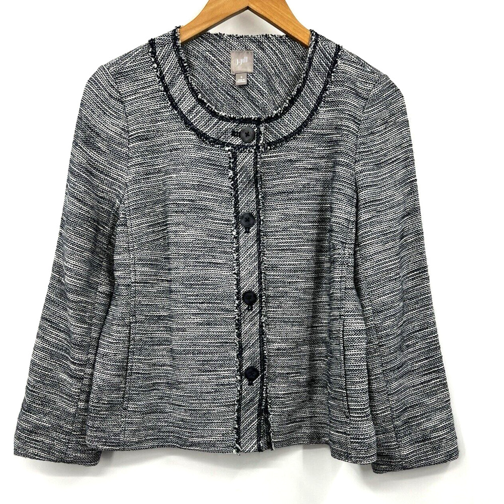 J Jill‎ Blazer Womens Blue Tweed Pockets Button Down Jacket Long Sleeve Size S